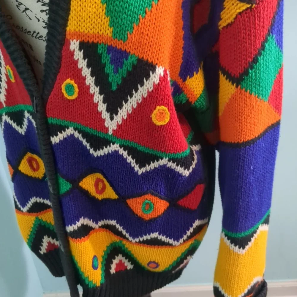 Santoria VTG 90s Colorful Tribal Button Up Oversized Cardigan Sweater medium